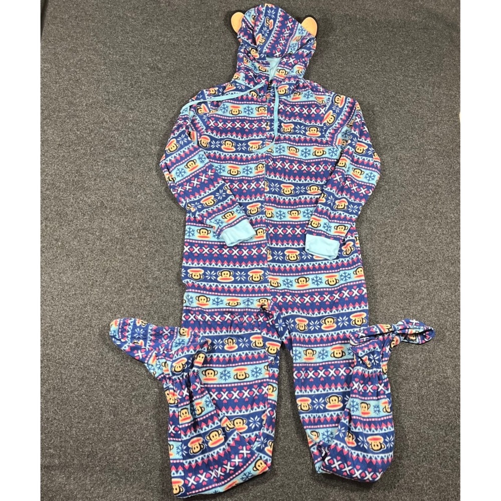 Paul Frank Julius Monkey Footed Pajamas Blue Fair Isle Fleece Hooded Onesie Sz S